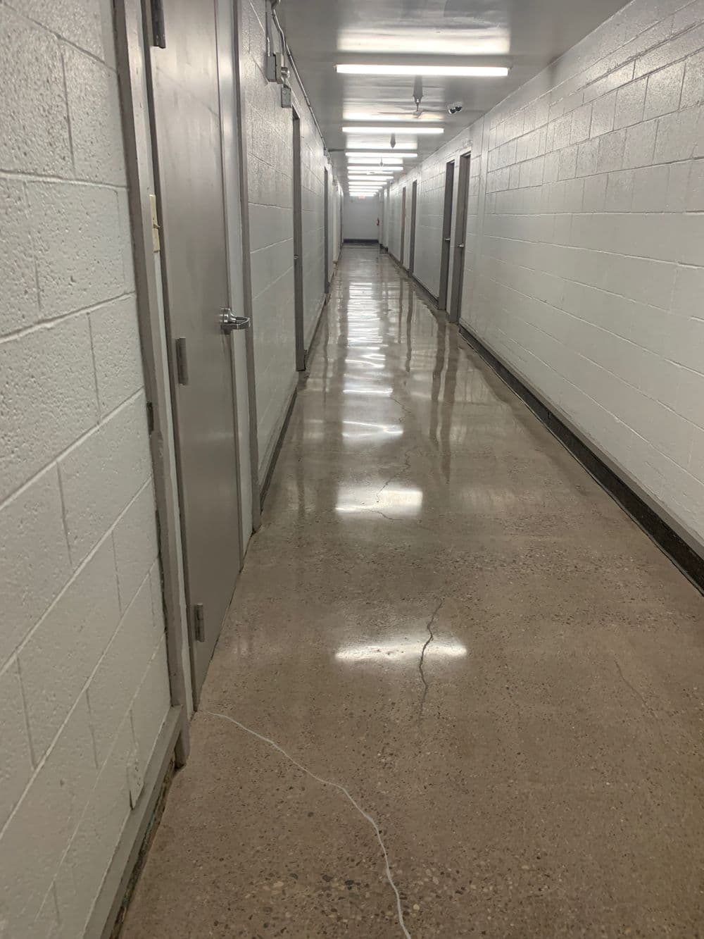 Long, clean hallway with shiny floor and multiple closed doors on both sides.