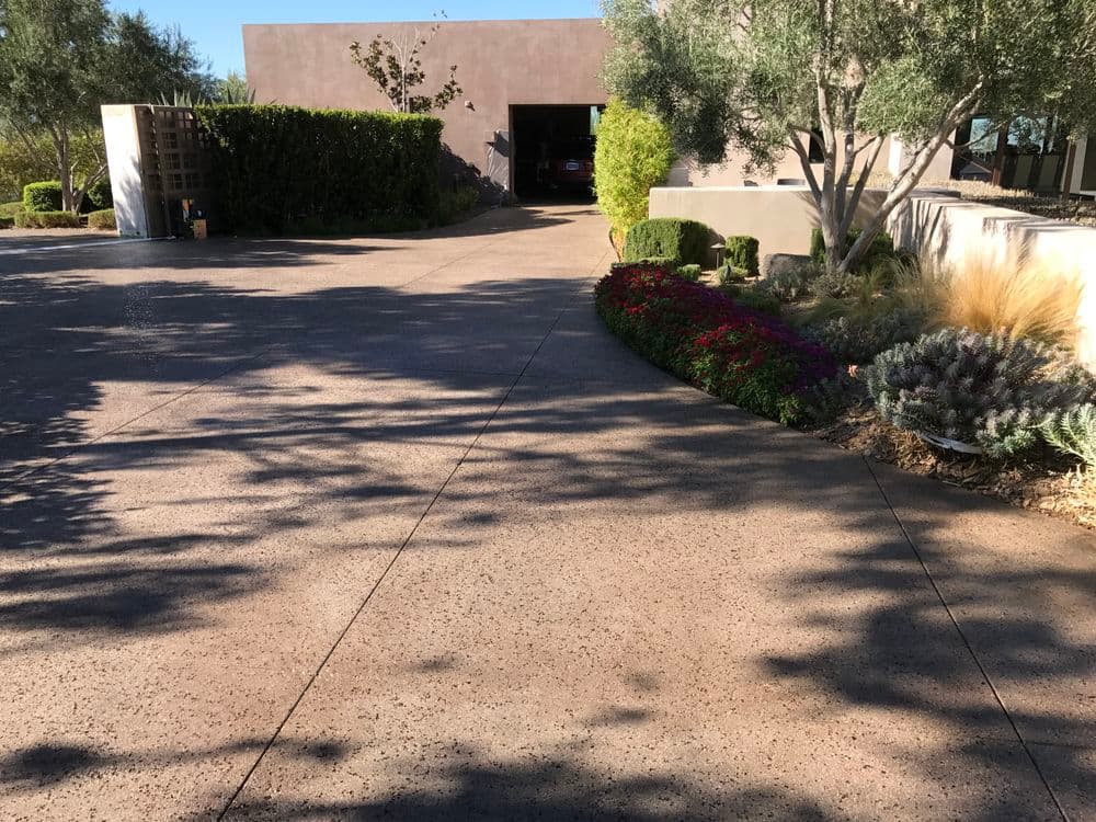 Driveway leading to a modern home, surrounded by lush landscaping and colorful flowers.